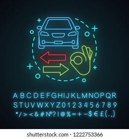 Select car neon light concept icon.  Car rental idea. Choosing vehicle. Taxi ordering. Glowing sign with alphabet, numbers and symbols. Vector isolated illustration