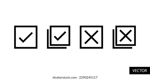 Select, check all, deselect, uncheck all, tick and cross mark in box vector icons in line style design for website, app, UI, isolated on white background. Editable stroke. EPS 10 vector illustration.
