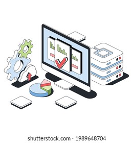 Marque la casilla de verificación, gráficos de pantalla del equipo, alojamiento de servidores, engranajes. Vector 3d línea isométrica, iconos de color web, nuevo estilo plano. Idea de diseño creativo para infografías.