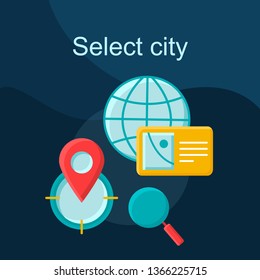 Select city flat concept vector icon. Travel destinations, route idea cartoon color illustrations set. Vacation scheduling. Self-planned journey. Trip planning. Isolated graphic design element
