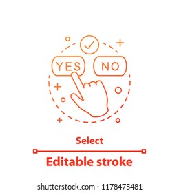 Select concept icon. Accept and decline. Approve and delete. Yes or no click. Choosing idea thin line illustration. Vector isolated outline drawing. Editable stroke