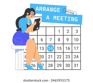 Seleccionar tiene una cita en línea para una reunión con un cliente o colega, o una cita con un doctor. Planificación mensual, organización, gestión. Una niña se sienta con una tableta al lado de un calendario. Vector plano.