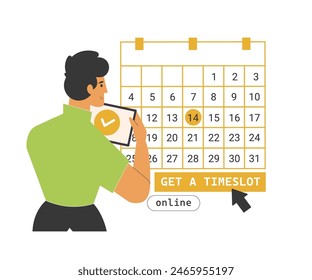 Seleccionar indica una fecha para una reunión en línea con un cliente o compañero. Planificación mensual, organización, gestión. Un tipo con una tableta se para con la espalda al lado del calendario. Vector plano.
