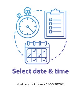 Select date and time blue concept icon. Choose day and hour thin line illustration. Making reservation, booking.Time management and scheduling. Calendar and stopwatch. Vector isolated outline drawing