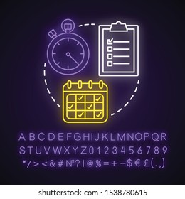 Select date and time neon light concept icon. Choose day, hour idea. Making reservation. Time management, scheduling. Glowing sign with alphabet, numbers and symbols. Vector isolated illustration