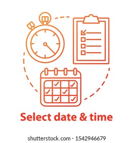 Select date, time red gradient concept icon. Choose day, hour thin line illustration. Making reservation, booking. Time management, scheduling. Calendar, stopwatch. Vector isolated outline drawing