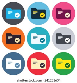 Select document folder sign. Accounting binder symbol. Bookkeeping management. Colored round buttons. Flat design circle icons set. Vector