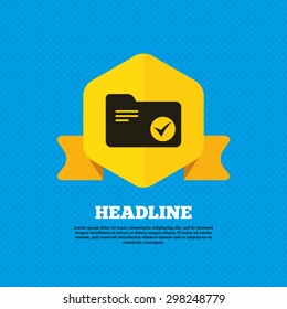 Select document folder sign. Accounting binder symbol. Bookkeeping management. Yellow label tag. Circles seamless pattern on back. Vector