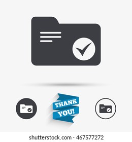 Select document folder sign. Accounting binder symbol. Bookkeeping management. Flat icons. Buttons with icons. Thank you ribbon. Vector