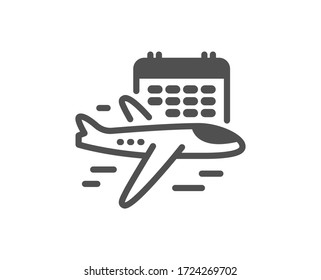 Select flight icon. Airplane with calendar sign. Airport flights symbol. Classic flat style. Quality design element. Simple select flight icon. Vector