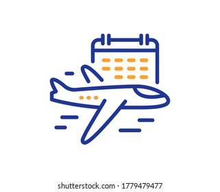 Wählen Sie das Symbol der Fluglinie aus. Flugzeug mit Kalenderzeichen. Symbol für Flughafenflüge. Farbenvolles Konzept der dünnen Linie. Wählen Sie das Flugesymbol im linearen Stil aus. Bearbeitbarer Strich. Vektorgrafik
