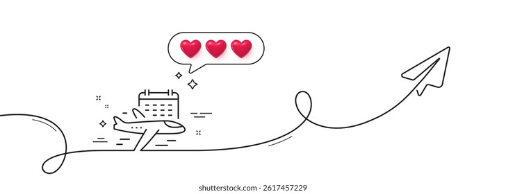 Select flight line icon. Continuous line with share plane. Airplane with calendar sign. Airport flights symbol. Hearts rate review in speech bubble. Select flight single line ribbon. Vector