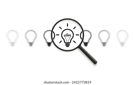 Select good idea, find solutions, search inspiration concept. Success, think, light bulb icon. Magnifying glass zoom. Focus lens, transparent blur, morphism effect. Grain, dot halftone, noise texture.