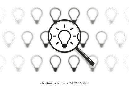 Select good idea, find solutions, search inspiration concept. Success, think, light bulb icon. Magnifying glass zoom. Focus lens, transparent blur, morphism effect. Grain, dot halftone, noise texture.