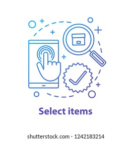 Select items concept icon. Choosing goods or services idea thin line illustration. Parcel tracking. Vector isolated outline drawing