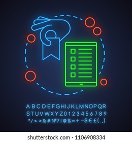 Select items neon light concept icon. Digital bookmark adding idea. Glowing sign with alphabet, numbers and symbols. Vector isolated illustration