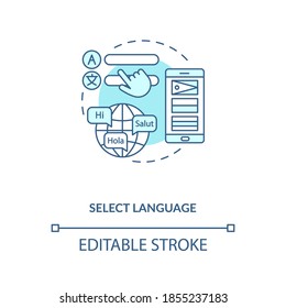 Select language concept icon. Setup instruction idea thin line illustration. Device resetting. Change language preference. Vector isolated outline RGB color drawing. Editable stroke