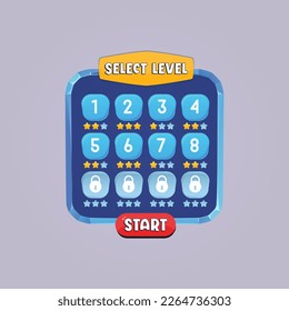 Select Level menu option UI elements. UI kit collection buttons for mobile development, casual games, and UI kit.