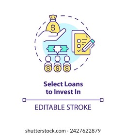 Select loans to invest in multi color concept icon. Choose loans to fund. Peer-to-peer lending. Investment. Round shape line illustration. Abstract idea. Graphic design. Easy to use in marketing