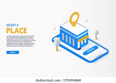 Select a Place Online Through Smartphone. Website template. Landing Page. Application Concept.