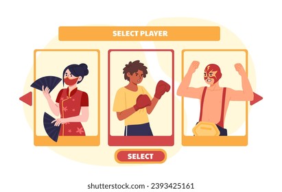 Select player to game concept. Man and wiman with girl at fighter and arcade video game. Entertainment and leisure, fun. Cartoon flat vector illustration isolated on white background