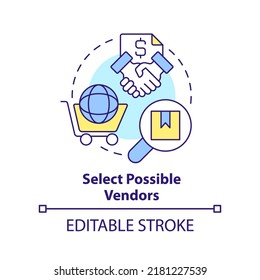 Select possible vendors concept icon. Basic procurement step abstract idea thin line illustration. Choosing suppliers. Isolated outline drawing. Editable stroke. Arial, Myriad Pro-Bold fonts used