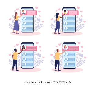 Select potential mates on dating app flat concept vector illustrations set. People looking for love isolated 2D cartoon characters on white for web design. Scrolling profiles creative idea collection