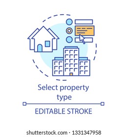 Select Property Type Concept Icon. Choose Housing, Accommodation. Real Estate Agency Services. Booking Hostel, Hotel Idea Thin Line Illustration. Vector Isolated Outline Drawing. Editable Stroke