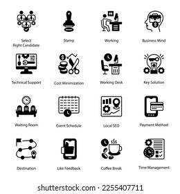 Wählen Sie die richtige Kandidatin, Stempel, Arbeit, Business-Mind, Wartezimmer, Veranstaltungskalender, lokale SEO, Zahlungsmethode, Kaffeepause, Zeitmanagement, technischen Support, Symbole - Solid, Vektorgrafiken