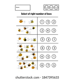 Select Right numbers of bees. Read write draw learn. Vector educational page.