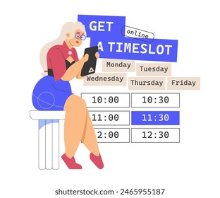 Select a time slot for an online meeting with a client or colleague, an appointment with a doctor. Monthly planning, organization, management. The girl is sitting with a tablet in her hands. Vector.