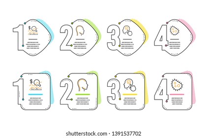 Select user, Head and Check investment icons simple set. Bacteria sign. Head with checkbox, Human profile, Business report. Antibacterial. Science set. Infographic timeline. Line select user icon