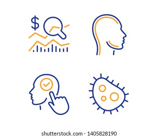 Select user, Head and Check investment icons simple set. Bacteria sign. Head with checkbox, Human profile, Business report. Antibacterial. Science set. Linear select user icon. Colorful design set
