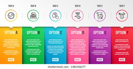 Select user, Typewriter and Tutorials icons simple set. Audit, Manual doc and Dirty water signs. Head with checkbox, Writer machine. Science set. Infographic template. 6 steps timeline. Vector