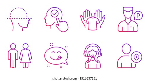 Select User, Yummy Smile And Hold T-shirt Line Icons Set. Restroom, Support And Face Scanning Signs. Valet Servant, Security Symbols. Head With Checkbox, Emoticon. People Set. Vector