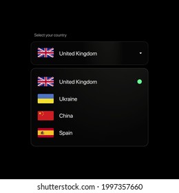 Select Your Country Settings Panel. Where are you from. Flat user interface transparent design. UK, Ukraine, China, Spain. Vector illustration