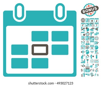 Selected Calendar Day pictograph with bonus calendar and time management design elements. Vector illustration style is flat iconic bicolor symbols, grey and cyan colors, white background.