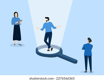 Selected Candidate concept, outstanding businessman in magnifying glass among applicants, winning applicants for new job, HR or human resources, recruiting outstanding candidate, recruitment concept.