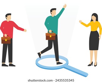 Selected Candidate concept, outstanding businessman in magnifying glass among applicants, winning applicants for new job, HR or human resources, recruiting outstanding candidate, recruitment concept.