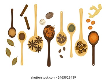 Selected herbs, spices, and different spices on a wooden spoon In vintage style isolated on a white background, vector illustration.