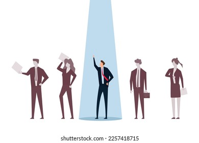 Selected one, HR recruiter chooses the best candidate, stands out from the confident businessman with the attention of other candidates translucent bland