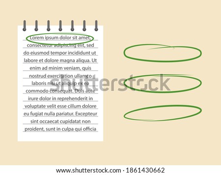 Selected text on white paper. Set of highlights for selecting text. Vector