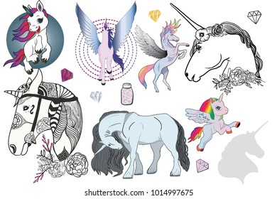 selectin of hand drawn images for unicorn lovers. Selection includes several types of unicorns and items related to the mystical creature