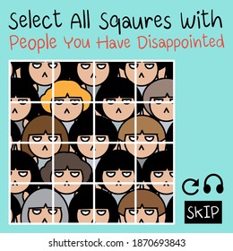 Selecting All Square Images With People You Have Disappointed. A Captcha Test. A Completely Automated Public Test To Tell Bots Or Computers And Humans Apart Concept Card Character illustration