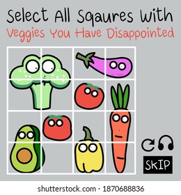 Selecting All Square Images With Veggies You Have Disappointed. A Captcha Test. A Completely Automated Public Test To Tell Bots Or Computers And Humans Apart Concept Card Character illustration