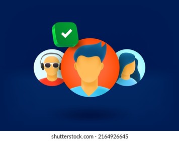 Selecting avatar concept with checkmark icon. 3d vector illustration
