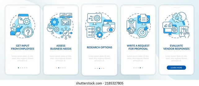 Selecting best CMS blue onboarding mobile app screen. Write request walkthrough 5 steps editable graphic instructions with linear concepts. UI, UX, GUI template. Myriad Pro-Bold, Regular fonts used
