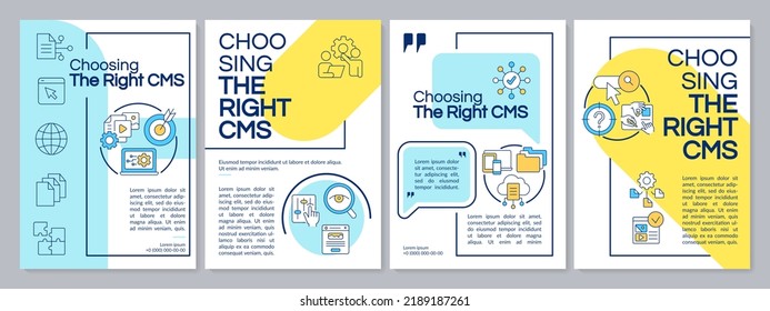 Selecting best CMS blue and yellow brochure template. Evaluation. Leaflet design with linear icons. Editable 4 vector layouts for presentation, annual reports. Questrial, Lato-Regular fonts used