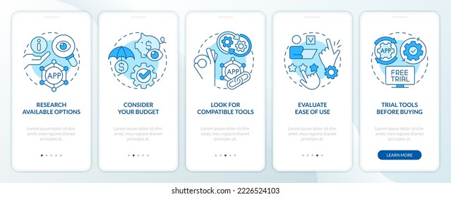 Selecting business tools tips blue onboarding mobile app screen. Walkthrough 5 steps editable graphic instructions with linear concepts. UI, UX, GUI template. Myriad Pro-Bold, Regular fonts used