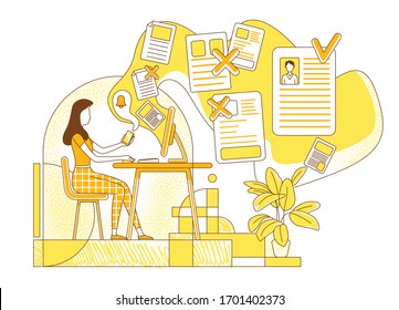 Selecting candidates flat silhouette vector illustration. HR manager, employer character on yellow background. Recruiter evaluating applicants CV, searching for personnel simple style drawing